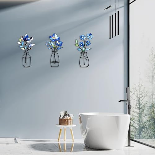 3 Pcs Metal Vase Wall Arts,Iron Art Painting,Rustic Farmhouse Decor Minimalist Flower Wall Decor for Bedroom Bathroom Living Room Dining Room(Blue, Vase-D)
