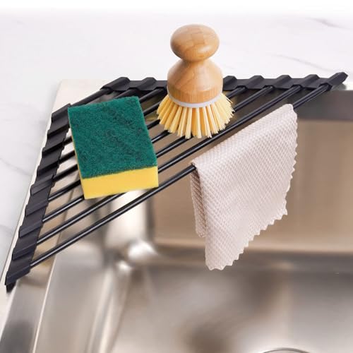 Tomorotec Triangle Roll Up Dish Drying Rack with Silicone Coating, Black | 304 Stainless Steel with BPA-Free Silicone, Triangle Design Maximizes Sink Corner Space, Fits Compact Kitchens And RVs