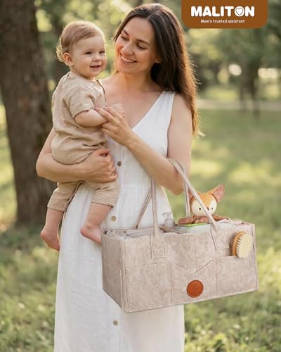 Maliton Felt Diaper Caddy Organizer for Changing Table - Large, Khaki | 15x9x7" Portable Nursery Storage Bin and Car Organizer for Diapers, Wipes. Boy & Girl Shower Gift Basket, Baby Essentials