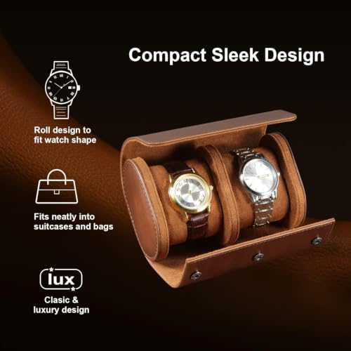 Watch Roll Travel Case for Men and Women- 2 Watch Storage and Organizer | Secure Storage with Innovative Removable Pillows & Solid Dividers for Home, Travel and Display (Brown-2 Slot)