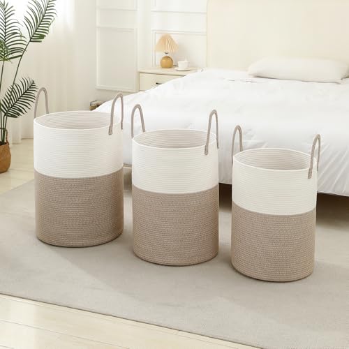Laundry Basket Hamper Tall Rope Storage Woven for Blanket Toys Dirty Clothes in Living Room Bathroom Bedroom White & Brown 60L/15.8Gal