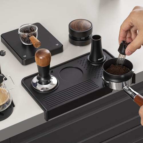 Espresso Tamping Mat, Coffee Tamper Mat, Food Grade Silicone 10.43″×5.63″ Portafilter Mat for Barista Espresso Machine Acceessories, Waterproof Heat Resistant Tamp Station for counter (Black)