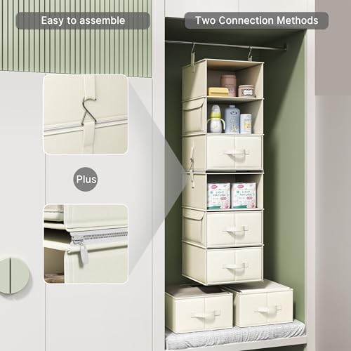 6-Shelf Hanging Closet Organizer with 3 Drawers, 2-in-1 Design, Beige | Converts into Two 3-Shelf Organizers, Foldable Drawers, Side Pockets, Ideal for Wardrobe, Nursery, Dorm & Closet Storage