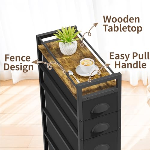 LASZOLA Narrow Cabinet Slim Storage Cart for Bathroom Small Space, Black | 5 Tiers Skinny Rolling Organizer Shelf with Sturdy Fabric Drawers, Lightweight Mobile on Wheels, Between Washer and Dryer