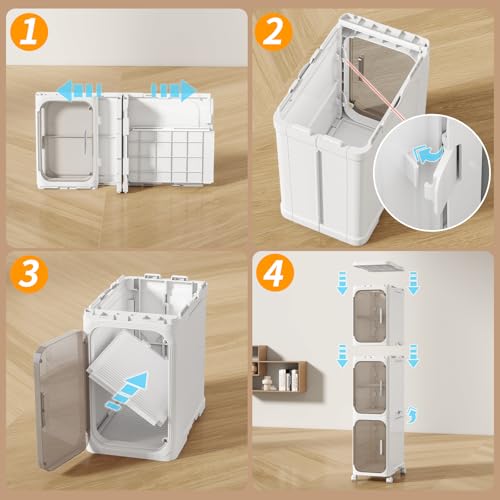 4 Tier Slim Bathroom Storage Cabinet, Foldable and Movable, White | Tools Free, ABS and PET, Magnetic Clear Door, Adjustable Shelves, Lockable Wheels, Water Resistant, For Narrow Space