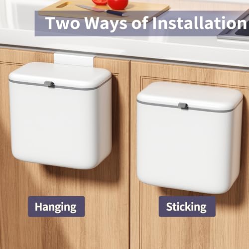 Compost Bin Kitchen for Countertop or Under Sink, 2.6 Gallon Hanging Small Trash Can with Lid, Garbage Can for Cabinet Door, Indoor/outdoor Food Waste Bin for Kitchen, Bathroom, RV, Office, White