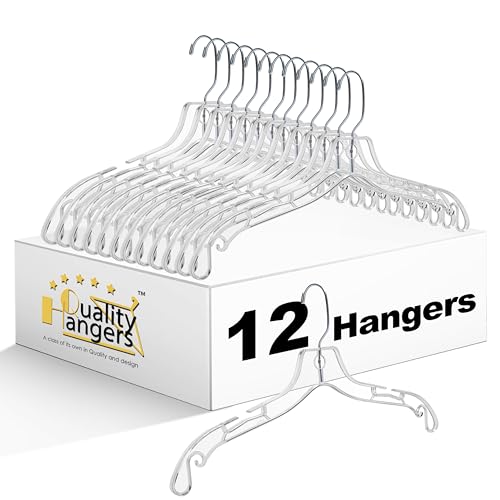 Quality Clear Hangers 12 Pack - Crystal Hangers for Clothes - Durable Plastic Hanger Set - Invisible Dress for Suits - Heavy Duty - Nonslip Coat and Shirt