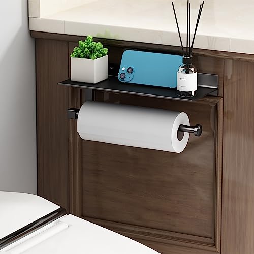 Wall Mount Paper Towel Holder with Shelf for Bathroom/Kitchen, Adhesive Hand Towel Holder, Matte Black
