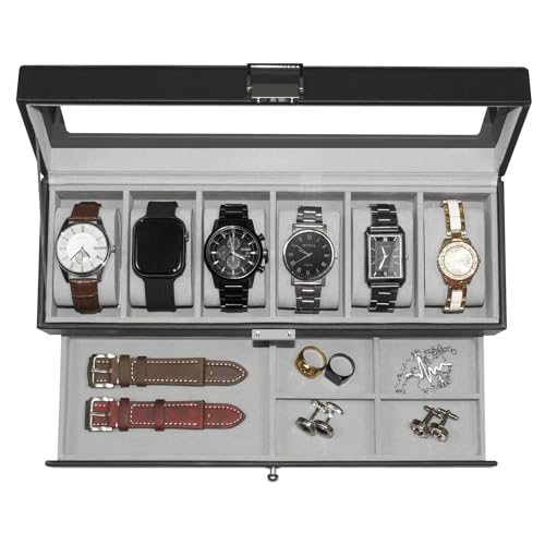 Watch Box for Men 6 Slot,Double Layer Mens Watch Case Display Organizer with Real Glass Top,Large Holder for 50mm Watches,PU Leather Jewelry Drawer Storage Valet Tray for Men,Black