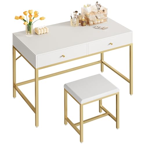 SUPERJARE 35.4" White and Gold Desk with 2 Drawers, Modern Makeup Vanity with Padded Stool, Small Computer Desk Home Office Desk for Writing Study Bedroom