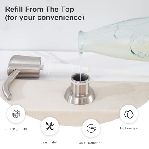 Built in Sink Soap Dispenser or Lotion Dispenser for Kitchen Sink, Brushed Nickel ABS Pump Head, with 17 Ounce Large PET Soap Bottle