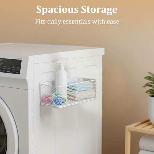 Magnetic Washer Shelf Organizer, White Magnetic Wire Basket with Strong Magnets, Metal Storage Shelf for Refrigerator, Washing Machine, Dryer, Kitchen and Laundry Room