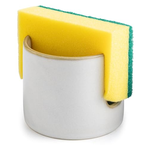 Zoeeker Sponge Holder for Kitchen Sink, Ceramic Dish Sponge Drying Caddy | Scrubby Daddy Kitchen Storage Organizer Cute Dish Brush Drying Rack for Sink Counter, Farmhouse Kitchen Decor, Beige White