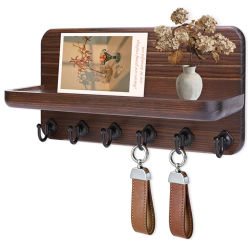 Key Holder for Wall, Mail Organizer Wall Mount with 6 Hooks Wooden Hanging Key Rack for Home Decor, Hallway, Entryway (Brown)