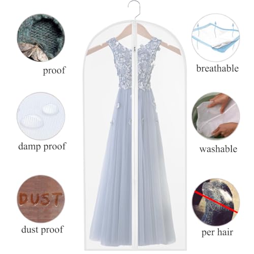 60" Clear Hanging Garment Bags Protect Extra Long Dresses & Gowns | Sturdy zipper with stopper prevents runaway slides. Breathable & washable PEVA covers prevent dust, pet hair& floor drag