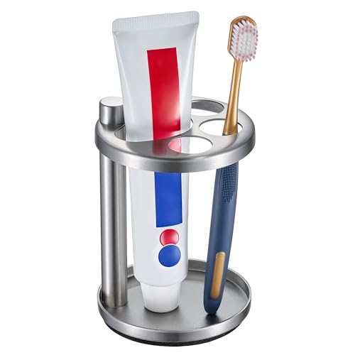 Toothbrush & Toothpaste Holder for Bathroom Countertop, Metal Electric Toothbrush Stand with Razor Slot, Ideal Design Caddy for Kids & Family, Brushed Silver