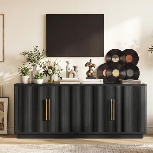 YITAHOME 70" TV Stand for up to 80" TVs with 4 Fluted Doors, Black Oak | Entertainment Center with 4 Fluted Doors, for Living Room, Ample Storage, Fits up to 80 Inch TVs, Media Console