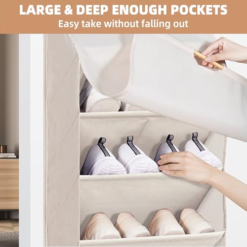 STORAGE MANIAC Over the Door Shoe Organizer with Curtain Dustproof Heavy-Duty Large Deep Pocket Hanging Shoe Organizer for Closet Dorm & Narrow Door Storage Shoe Holder Shoe Rack, 9-Shelf Beige 1 Pack