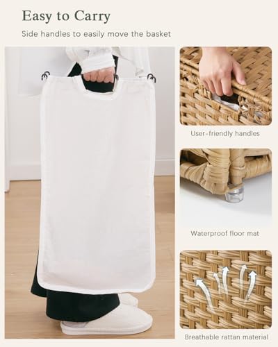 SETVSON Laundry Hamper with Lid Laundry Basket 132 L PE Rattan Natural | Decorative PE Rattan Furniture Look for Bedroom, Large Sorting Hamper with Lid, 4 Liners, 6 Mesh Bags, Steel Frame