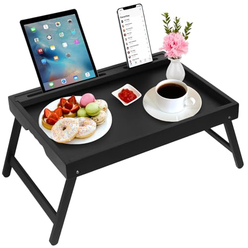 Bamboo Bed Tray Table with Device Slot, Folding Le... (Black | Bamboo Wood)