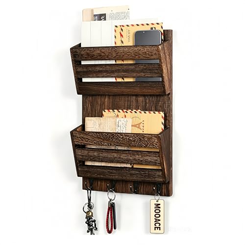 Mail Organizer Wall Mount, Wood Mail and Key Holde... (Rustic Brown | Wood)