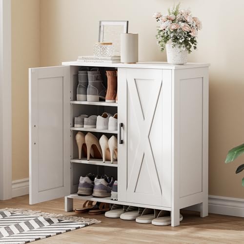 Homleke Farmhouse Shoe Cabinet with 2 Barn Doors & Wood Legs | Tall 4-Tier Shoe Storage Cabinet, 3 Adjustable Shelves, Shoe Rack Organizer, for Entryway, Hallway, Closet, White
