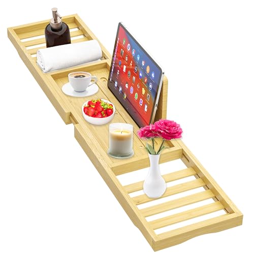 Bathtub Tray - Bath Tray Expandable - Bath Table T... (Bright Yellow | Bamboo)