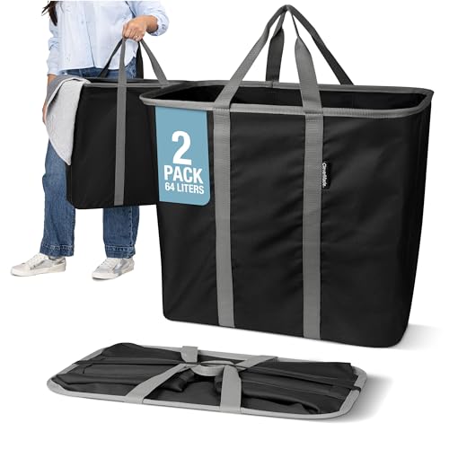 CleverMade Collapsible Laundry Caddy, 64L Pop-Up Hamper, 2 Pack, Black Gray | Move 2 Full Loads Without Spills | Reinforced Rim and Base Stay Upright, While Soft Handles Ease Trips to the Washer