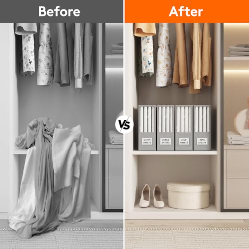 Lifewit 4 Pack Bed Sheet Organizer, Foldable Bedding Sheet Organizers and Storage with Large Clear Window and Label, Sheets Organizer for Linen Closet, Storage Box Bins with Lids for Duvet Cover Set