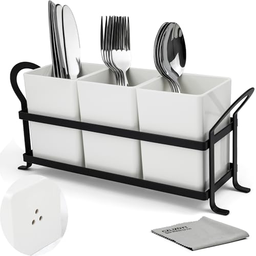 Cutlery Holder with Drain Holes, Silverware Caddy... (3 Count | White | Melamine, Metal)