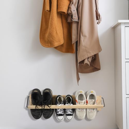 2 Pcs Wall Mounted Shoe Rack Organizer Wooden Modern Compact Wall Space Saving Shoe Holder Storage for Sneaker Footwear Slipper Boots Entryway Narrow Spaces Hallway(28.35'' Long)