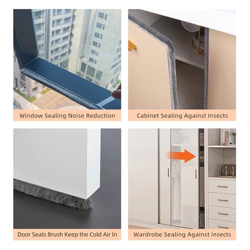 33 Feet Brush Weather Stripping,Door Brush Seal Strip,Door Soundproofing Strip,Window Noise Blocker,Self Adhesive Draft Blocker,Dust Stopper Winter,Grey,0.6in Brush x 0.35in Backing