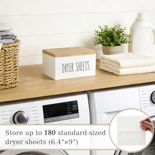 Dryer Sheet Holder, Laundry Wooden Container Holds 180 Sheets, White | Dust & Moisture Proof Sealed Lid, Printed Label Dispenser, Multi-use Storage for Softener Pods, Farmhouse Laundry Room Decor
