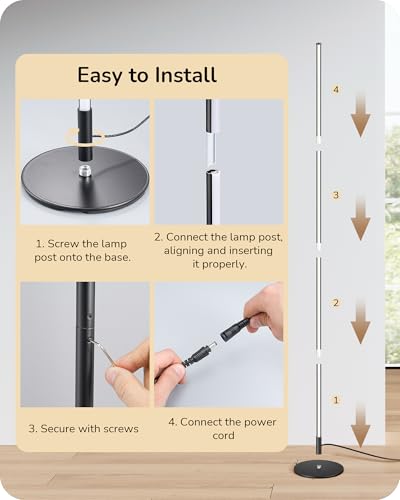 EDISHINE 59.8" Floor Lamp with Remote & 3 Height Settings, Dimmable & 3CCT | Foot Switch, Stable KD Structure, Modern Floor Lamps for Living Room, Bedroom, Office, Black