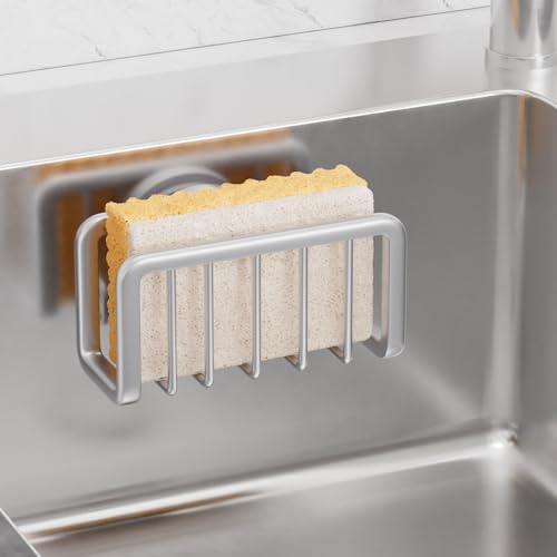 TAILI Rustproof Sponge Holder for Kitchen Sink with Suction Cup-Silver | Rustproof Aluminum Sink Caddy for Sponges, Brushes, Stoppers & Scrapers,Removable Ventilated Quick-dry Design, Holds Up 11lbs