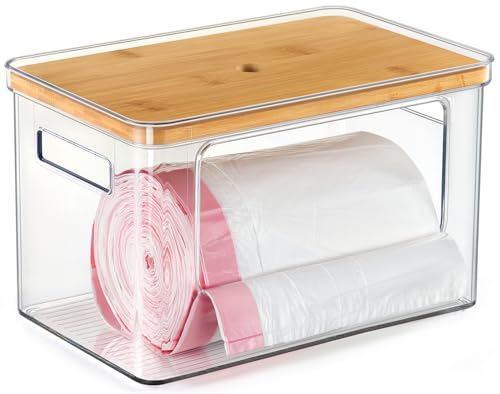 Hudgan Stackable Storage with Bamboo Top for Laundry Room Organization, Extra Large Trash Bag/Garbage Bag Dispenser, Under Sink Organizer, Pantry Organizers