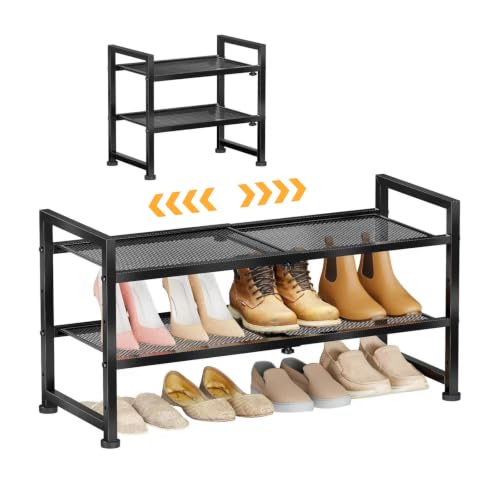 Retractable Shoe Rack, 2 Tier Heavy Duty Metal Mesh Shoe Organizer, Black