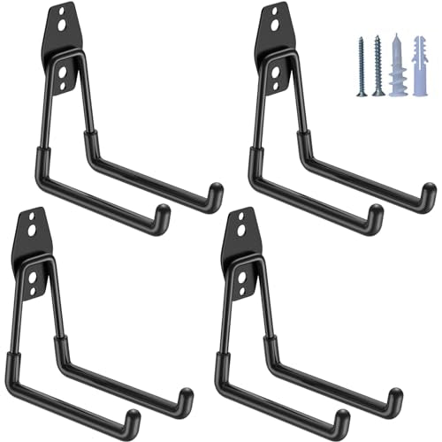 HUPBIPY Garage Hooks Heavy Duty 4 Pack, Wall Mount Ladder Hooks | 5.1in U Shaped Hanger, Storage Organizer With a non-slip coating For Hanging Bicycles, Garden Tools Hoses and Ropes (Black)