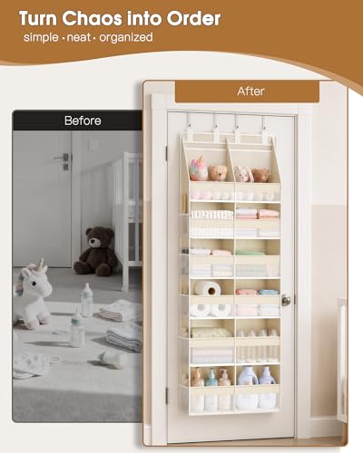 Over the Door Organizer, Extra Large 12 Compartments Closet Hanging Storage with 14 Mesh Pockets, 85lbs Capacity Behind the Door Storage for Baby Nursery, Bathroom, Bedroom, and Dorm, Beige