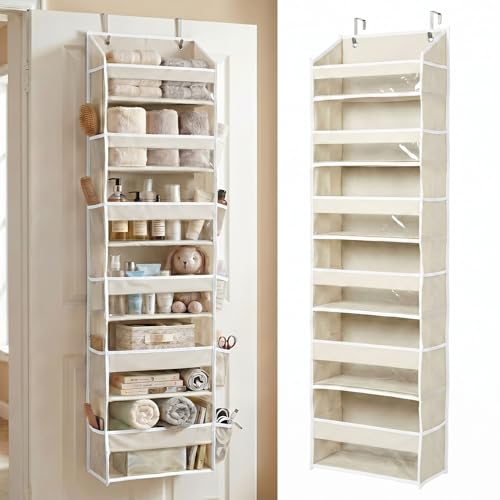 UPGRADED 6 Tiers Over The Door Organizer Hanging - 100D EXTRA THICK & 50lbs HUGE CAPACITY, 12 Side Mesh Pockets Over The Door Shoe Organizer, Hanging Closet Organizer (Ivory, 1pc)