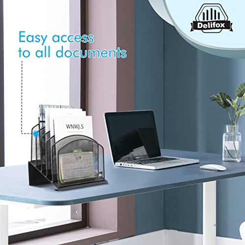 Delifox Inclined Desk File Organizer,Vertical File Folder Holder Stand Metal Rack File Sorter for Office Classroom Desktop Organization (1, Black, 5)