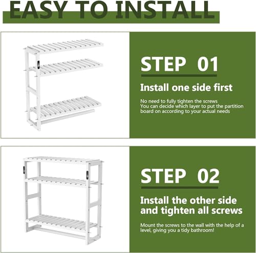 Galood Over The Toilet Storage Bathroom Shelves Wall Mounted 3 Tier White | Space Saver Corner Shelf Organizer Bamboo Towel Rack Toilet Paper Cabinet with Hanging Rod
