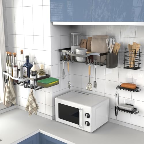 7-Pack Shower Caddy Adhesive,Stainless Steel Shower Organizer Shelf | Rustproof, with Soap Dish Toothbrush Holder, Large Capacity, No-Drill Rack Bathroom Storage Accessories, 24 Hooks, Home Decor