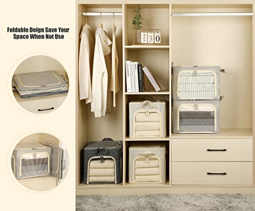 3 Openings Clothes Storage Bins with Metal Frame, Foldable Storage Bin for Clothes, Clothing Storage Bins with Lid, Linen Storage Box With Clear Window& Zippers& Durable Handles.(3 Pcs,Light Grey,40L)
