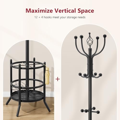 Coat Rack with Umbrella Holder, Coat Stand With 16 Hooks, Black | 2-In-1 Design, Coat Tree Freestanding, Durable & Stable, Space-Saving, For Living Room, Bedroom, Office