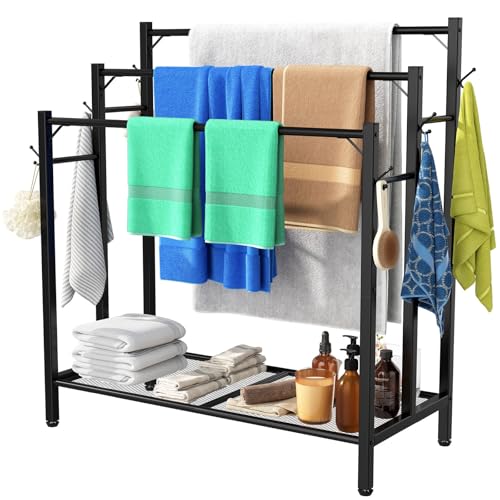 3 Tier Towel Rack with Large Storage & 6 Hooks, Blanket Rack for Oversized Bath Towels, Free Standing Pool Towel Rack Stand for Bathroom Pool Indoor/Outdoor, 35.8" H x 31.5" L x 11.8" W