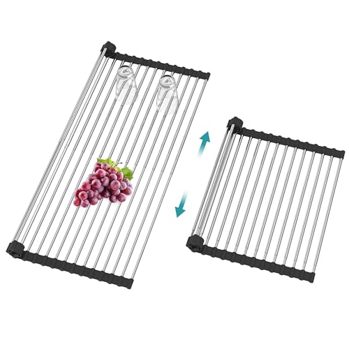 Extra Large Expandable Roll Up Dish Drying Rack,Over The Sink Drying Rack Sink Cover Kitchen Sink Accessories Kitchen Rolling up Stainless Steel Drainer, Foldable,Rollable(Black,22.8''-12.4'')