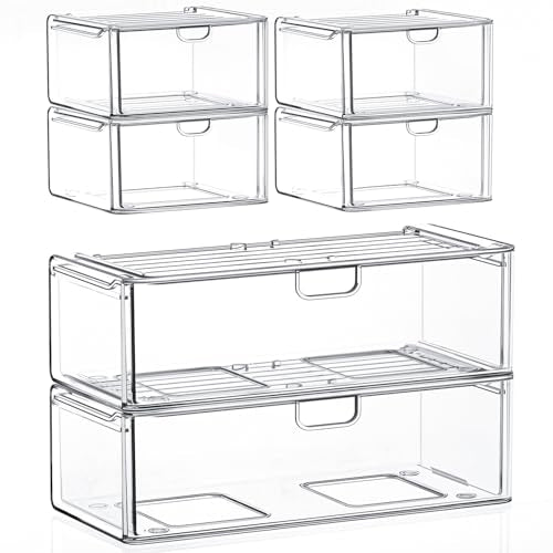 6-Pack Acrylic Stackable Storage Drawers for Vanity, Desk, Bath | 2 large & wide 13" drawers, Smooth-glide, stackable, clear body, dustproof, wipe clean, for makeup, pantry jars, under sink