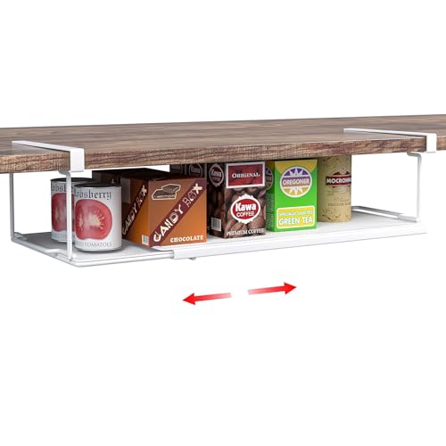 Expandable Under Cabinet Shelf, Extendable Under Shelf Storage with 0.94 Inches Thick Clips for Pantry Cabinet, Laundry Room, Shoe Rack.(White, 1 Pack, Interior: 3.66" H x 8.26" D)