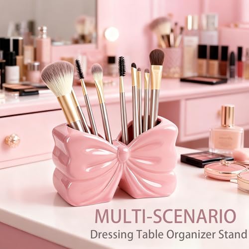 Pink Bow Ceramic Toothbrush Holder,Sweet Girly Gift Bathroom Decor | 2-Slot Bathroom Organizer for Makeup Brushes & Pencils, Cute Small Bow Vase,for Bathroom Vanity ,Gift for Women
